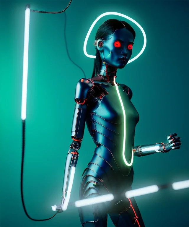 Ultra realistic photographic night portrait, cinematic, <Asian woman> many wires coming out of the head <perfect pupil><glow eye> <cyborg arm> <garage> <wide angle><x-rays>, hot, retro futuristic dress <Helmut newton photo style>, neon lights, color fog, soft color, highly detailed, unreal engine 5, ray tracing, RTX, lumen lighting, ultra detail, volumetric lighting, high definition.