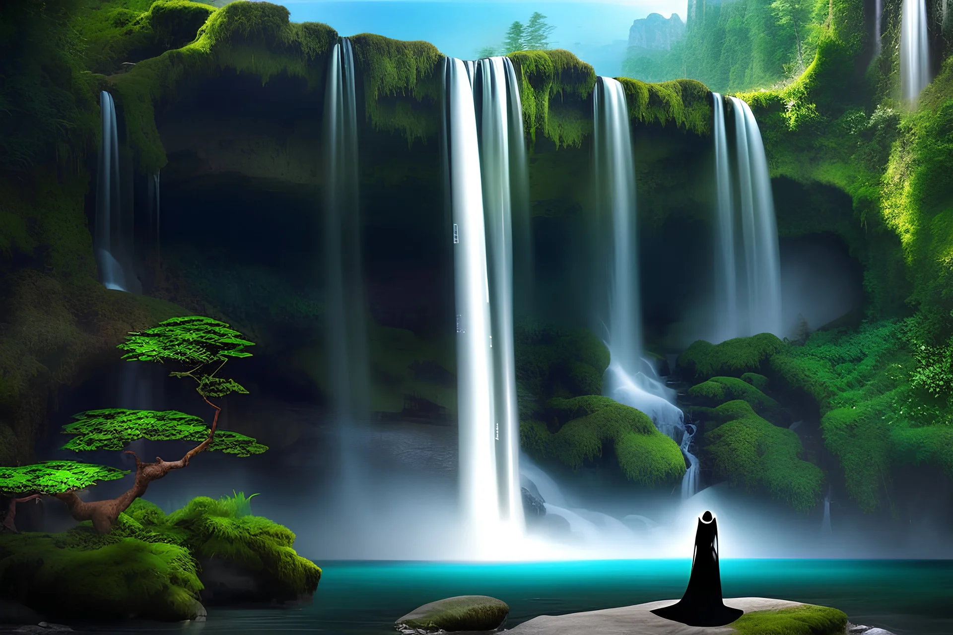 close up of a beautiful young empress in black gown infront of waterfall containing the multiverse of life