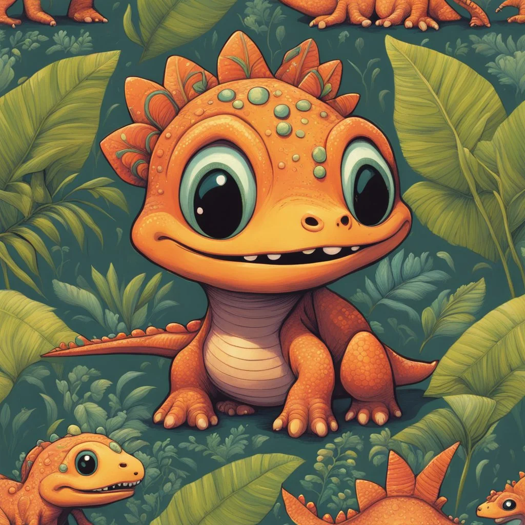 cute baby wide-eyed chibi dinosaur, by Pixar by Kay Nielson, by Shaun Tan, whimsical cartoon lush prehistoric jungle, bright colors, adorable.