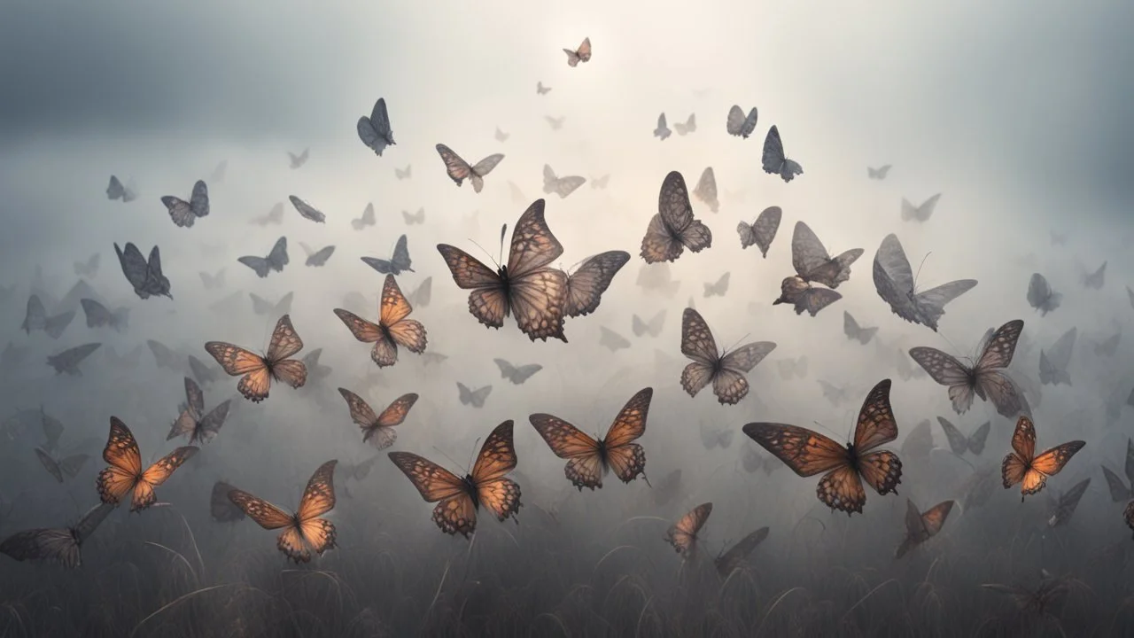 Many butterflies made of braids disappearing into the distant mist, epic photo, sharp on highly detailed skin with wrinkles and high contrast, photorealistic, 4K, 3D, realism, hyperrealism, detail, good lighting, detailed texture, modern photography style, 3D , 4D, 4K --2:3