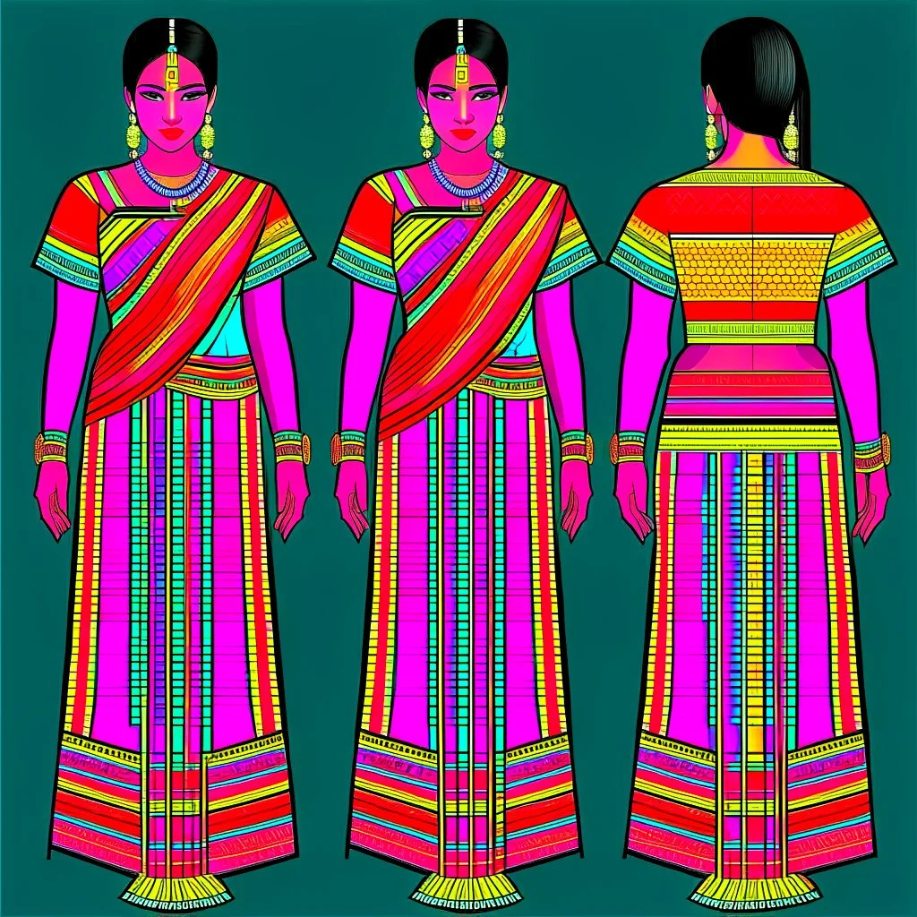 Aesthetic, 3D, Digitized, Hyper realistic, Surreal, Mesmeric, "Assamese Ethnic Tribal / Traditional Woven Women Attire" & Textile (Handloom) Industry themed Mekhela Chador (The bottom half of this distinct dress is called the 'Mekhela ', a round fit used waist downwards over a petticoat) designs, **Featured Designs:** The Revivalist - A young Assamese woman on a mission to revive fading weaving traditions. She combines old and new in her advocacy for mekhela sador. **Appearance:** Fictional fema