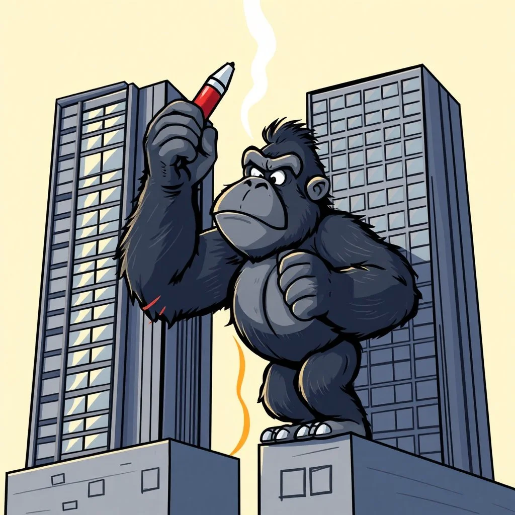 vector Cartoon gorilla gluing two skyscrapers together