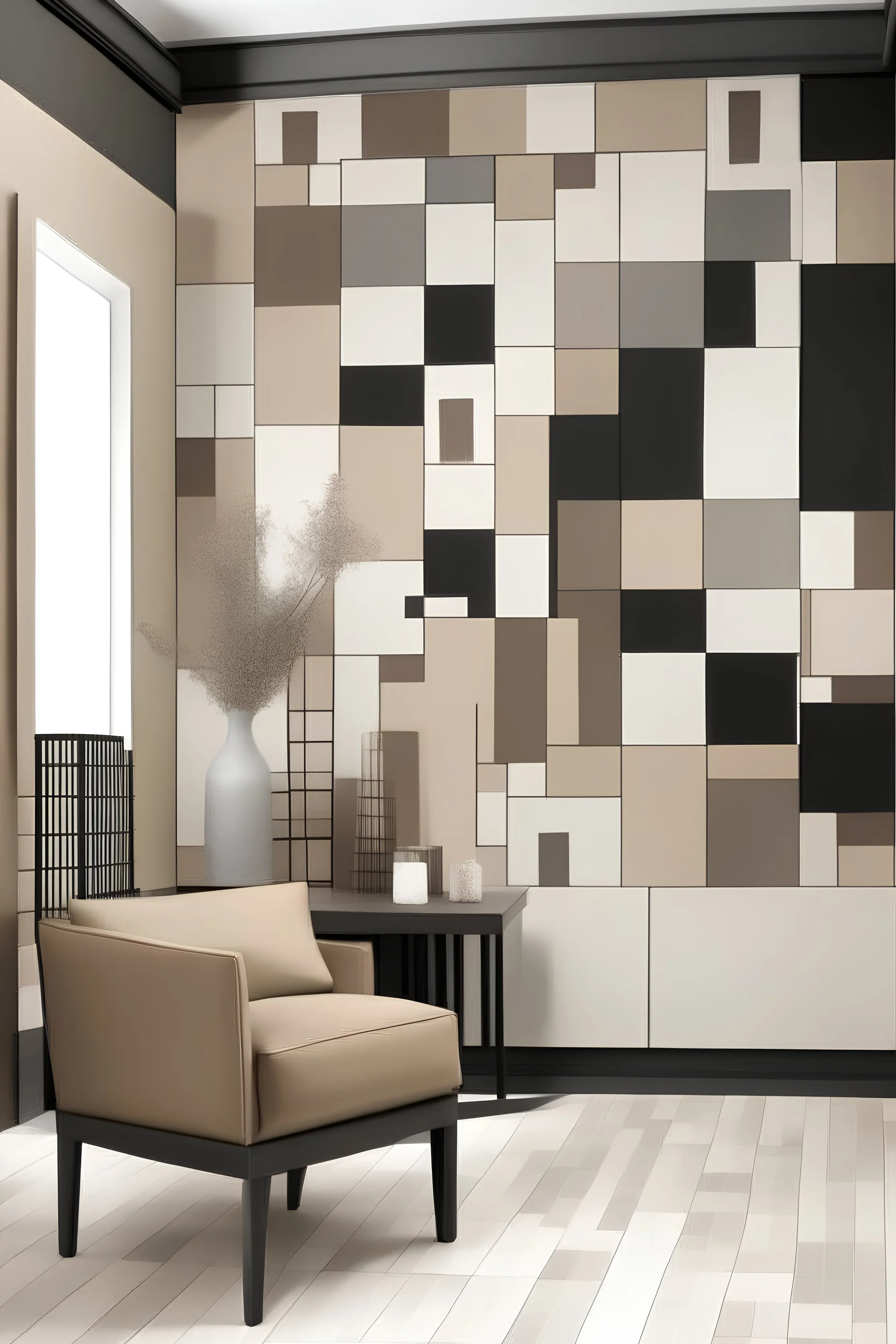Create handpainted wall mural with an asymmetrical arrangement of rectangles and squares, showcasing the beauty of contrasting neutrals. Use black, white, and taupe for a balanced yet dynamic composition