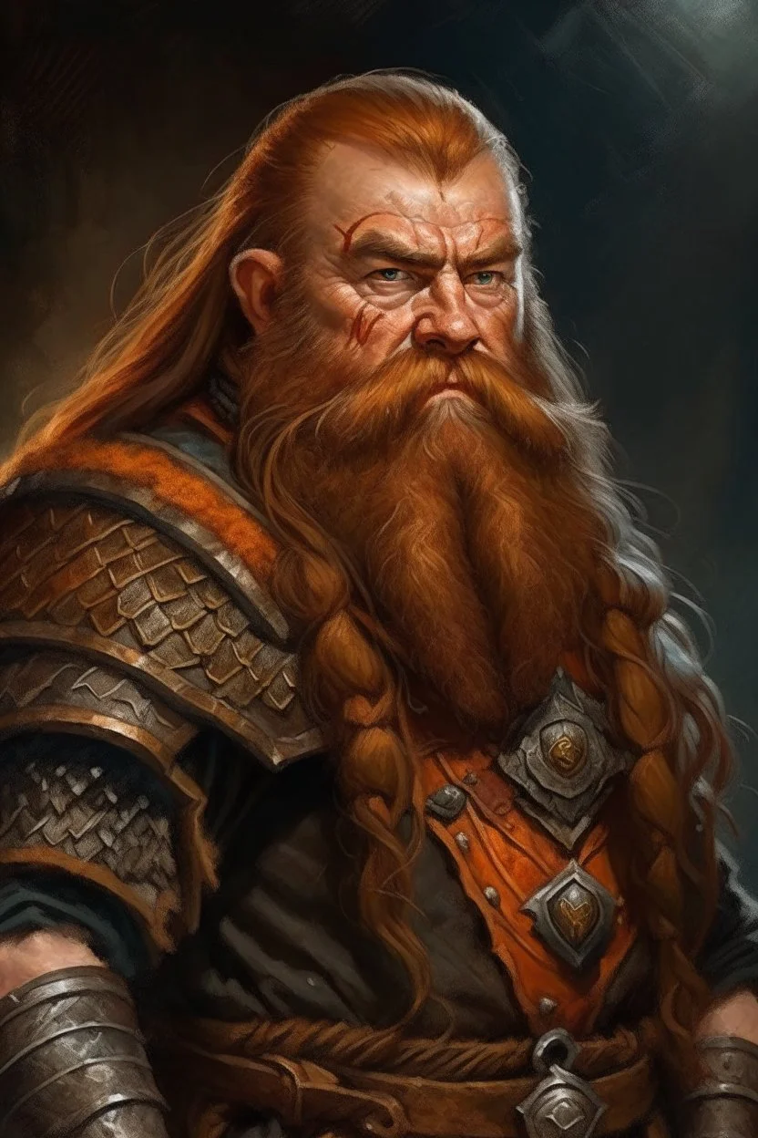 portrait of a stout and rugged dwarf with sturdy build, slightly tanned skin a thick ginger beard and long ginger hair, thick eyebrows, wearing chainmail armor and fur lined coat with a battle axe and warhammer on each shoulder. in oil painting