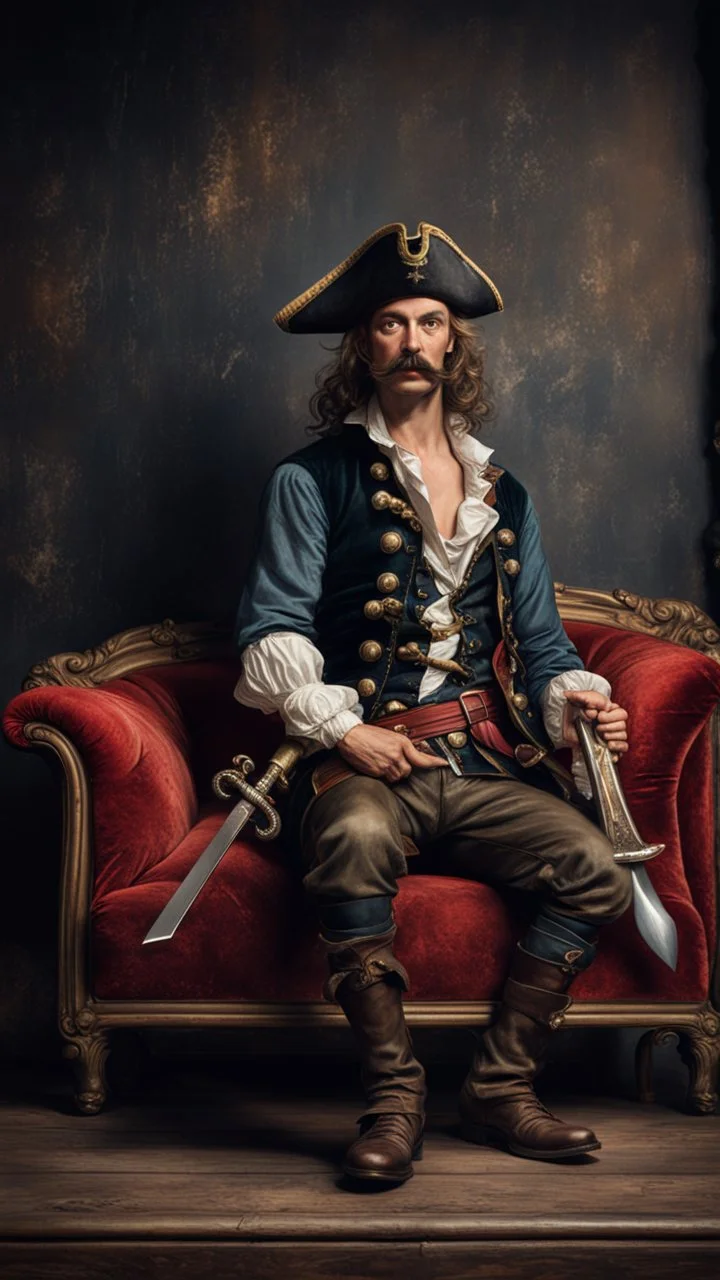 Hyper Realistic vintage frame picture of a pirate with thick moustache sitting on a fancy velvet sofa with his sword on a rustic dark wall