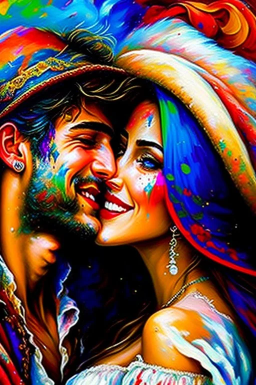 a gypsy theme, a beautiful in love girl and boy as focus point, close-up kissing scene, scrappy paint strokes in impasto , life is good, laughter and happiness