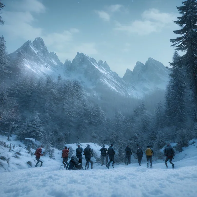 Five people hunting in a snowy forest, sense of speed, mountain hut in the background, Alps, night, 8k, HD, cinematography, photorealistic, Cinematic, Color Grading, Ultra-Wide Angle, Depth of Field, hyper-detailed, beautifully color-coded, intricate details, beautifully color graded, Cinematic, Color Grading, Editorial Photography, Depth of Field, DOF, Tilt Blur, White Balance, 32k, Super-Resolution, Megapixel, ProPhoto RGB, VR, Halfrear Lighting, Backlight, Natural Lighti