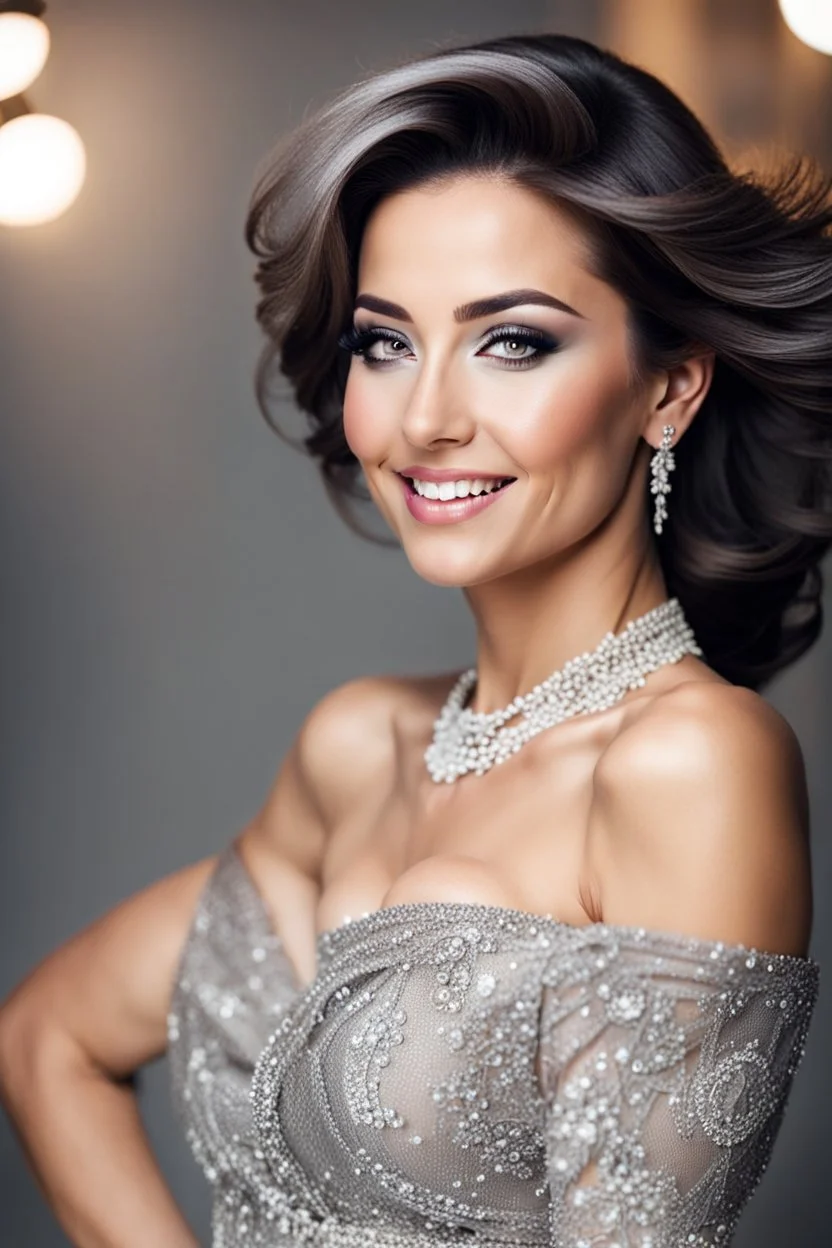 full body of very beautiful lady wearing pants and bluse ,white gray hair ,standing idle happy pose in studio pretty makeup