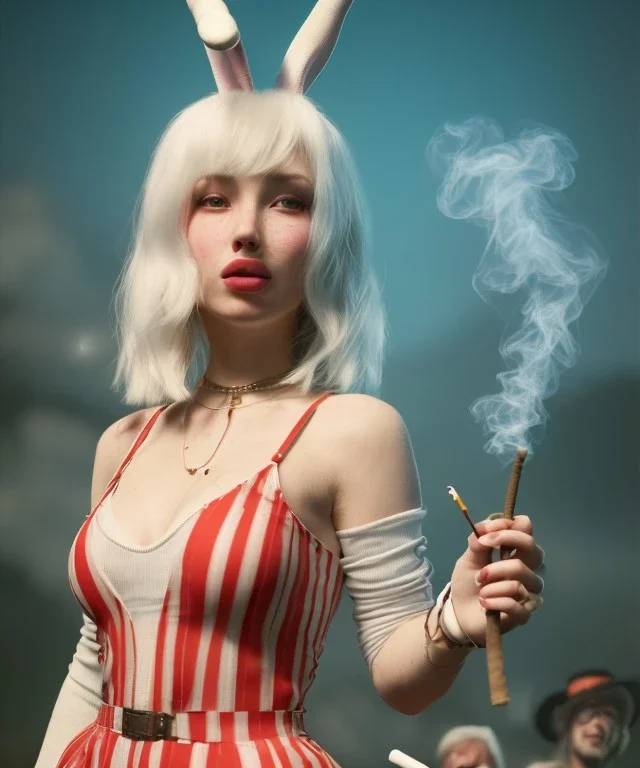 Ultra realistic photographic party portrait, sound club, wide-angle lens, couple, cinematic, happy blonde woman smoking a shisha pipe, accompanied by big white rabbit friend, hot, circus dress style, marihuana plants, color smoke, soft color, highly detailed, unreal engine 5, ray tracing, RTX, lumen lighting, ultra detail, volumetric lighting, high definition.