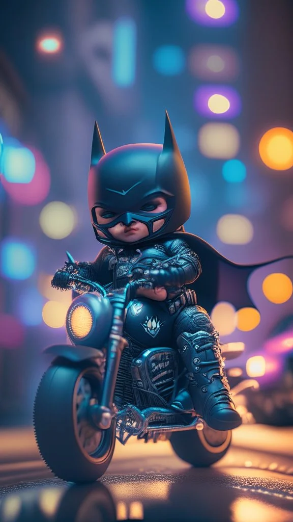 A happy Kawaii tiny hyper realistic baby batman riding mini harley davidson sportster, wearing bikers batman clothes with shooting action, night of cyberpunk city background. wide angle full body, 8k, Cinematography, photorealistic,epic composition Unreal Engine,Cinematic, Color Grading, Portrait Photography,Ultra-Wide Angle, Depth of Field, hyper detailed