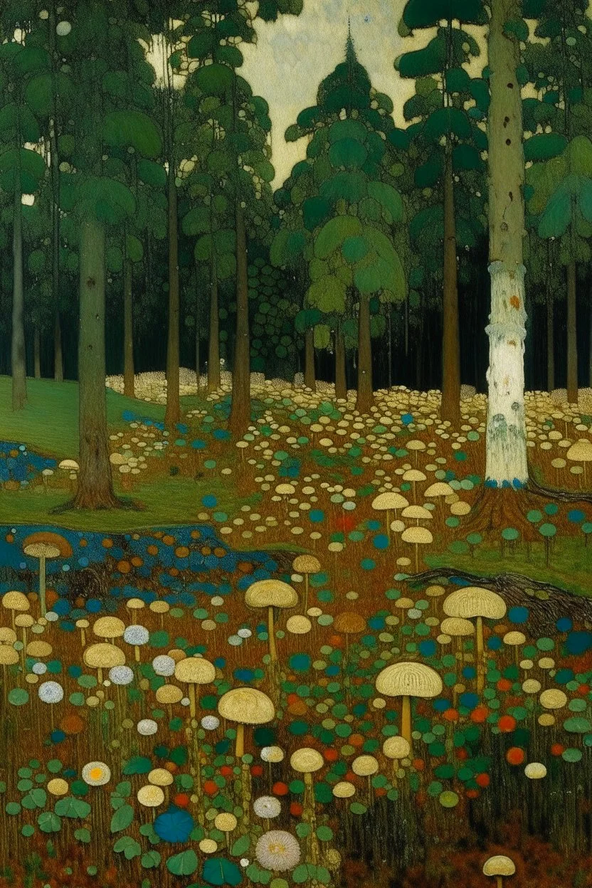 A bluish green grove with prickly mushrooms painted by Gustav Klimt