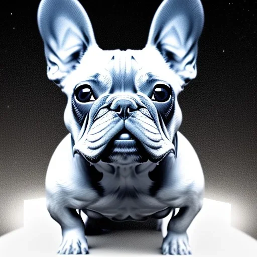 french bulldog from the future a detailed illustration of a french bulldog, phoenix bird wallpaper, luminescent body, full body, symmetrical body, realistic, glowing muscles, sharp focus, meticulously detailed, soft evening sky, 64k