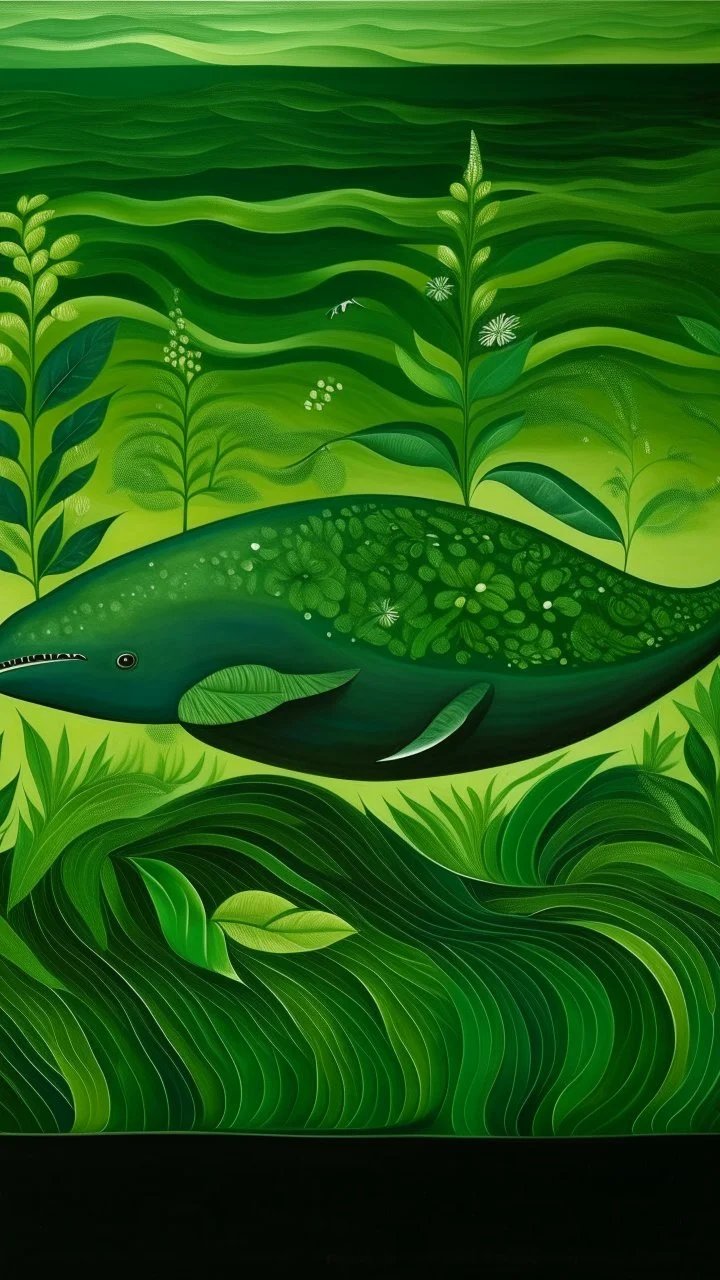 A green nature elemental whale painted by Henri Rousseau