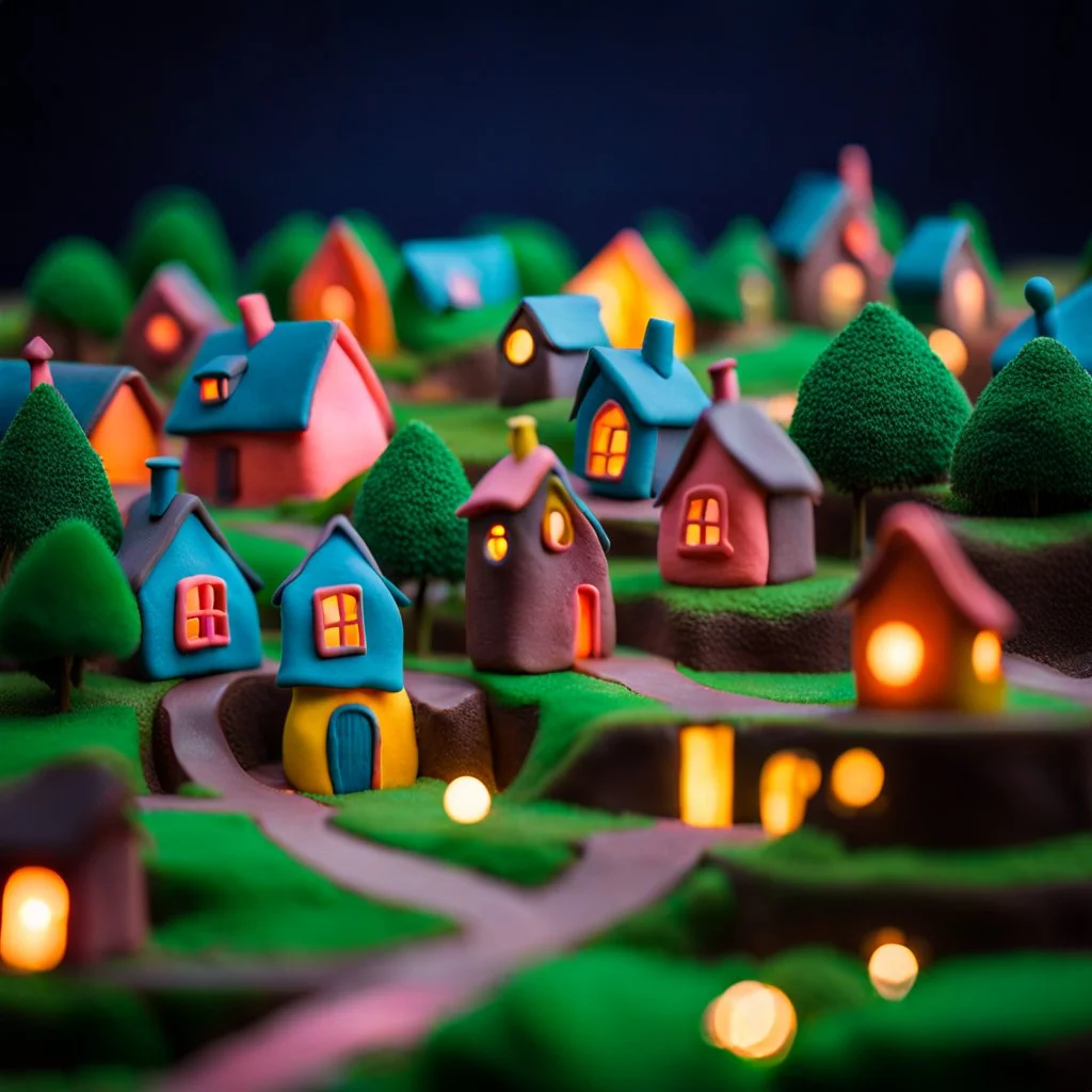 Odd dada village made of modeling clay, odd, block colours, houses, naïve, Tim Burton, Harry Potter, surreal landscape, sharp focus, colorful, stars and planets, bokeh, 8k, highly detailed, large format film, medium format film, shot on Hasselblad