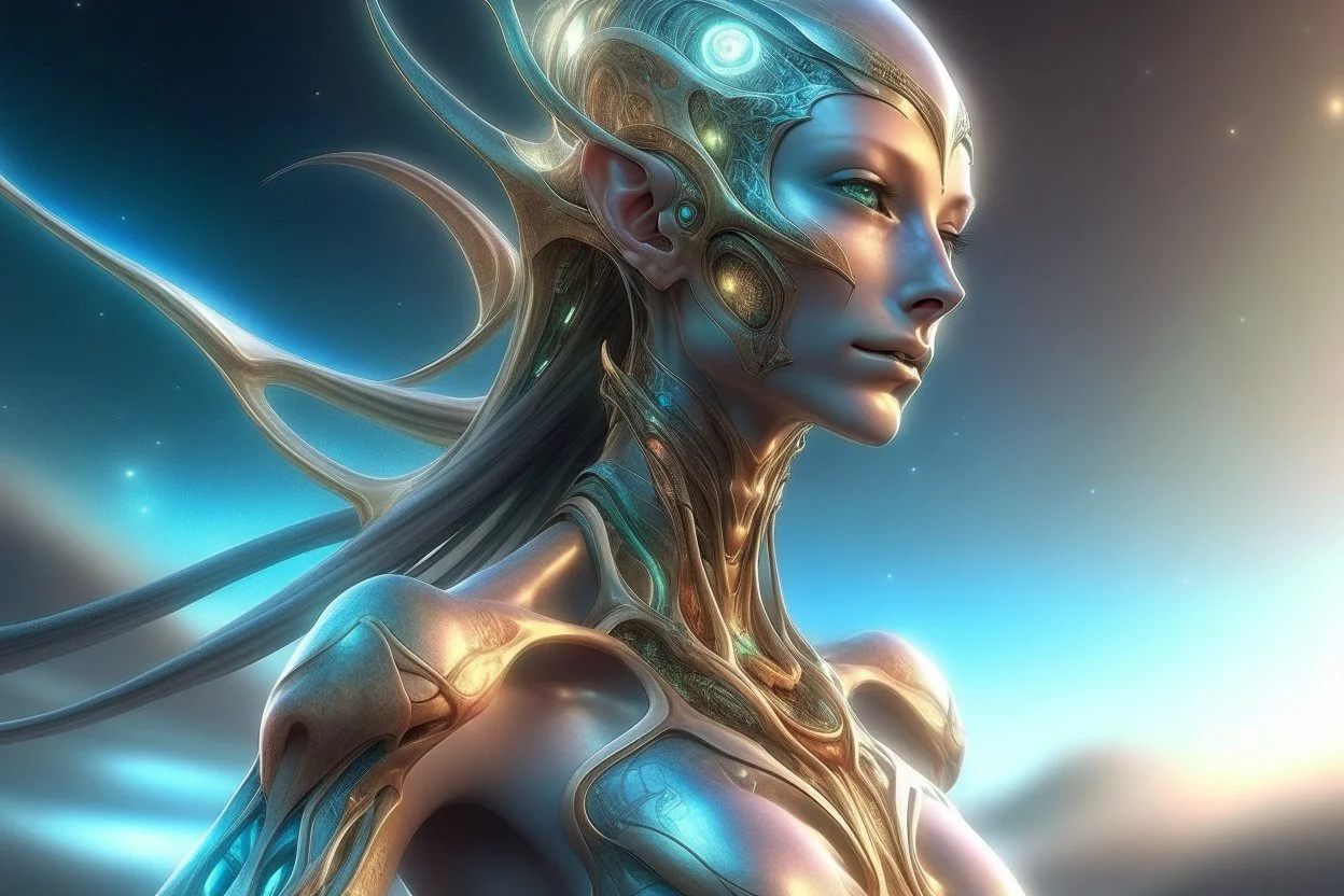 gorgeous female humanoid alien, slender muscular warrior, looking over shoulder at the sky, tentacles, coper zinc orichalcum jewelry and piercings, beautiful face, mesmerizing starry eyes, smooth translucent skin, hourglass, size DD.