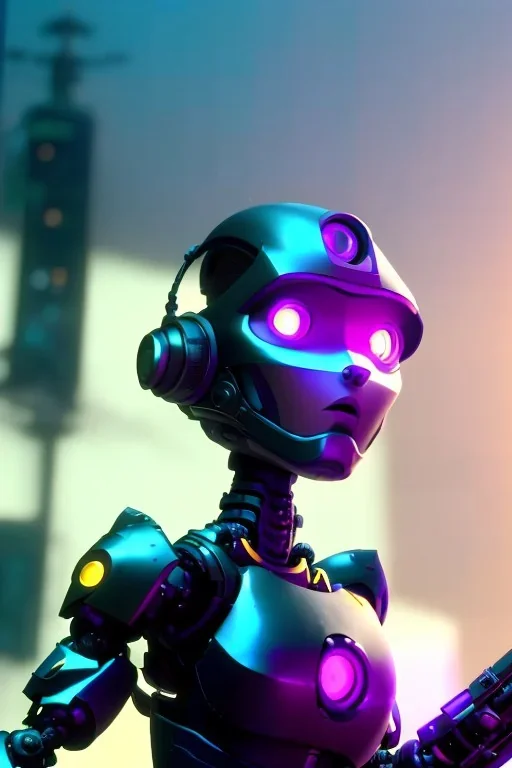 a beautiful full frame portrait digital painting of a futuristic animepunk robot listening to music, wide angle view, close-up, macro lens, centered camera, titanium accents, intricate details, small minutiae, tiny features, purple hair, green eyes. particulars, colorful, 8k, least ambient occlusion, volumetric lighting, volumetric clouds