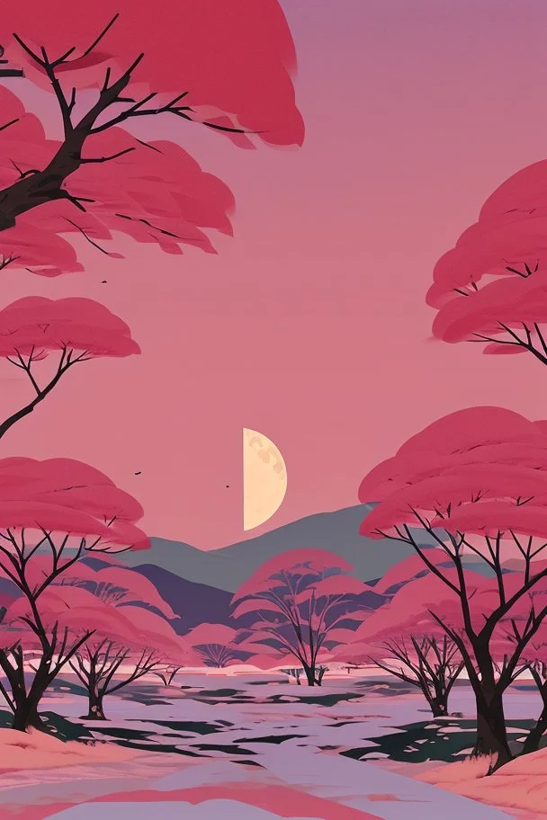 a land scape of Japanese garden, big moon, red sky in the night , surrounded by cherry blossom trees, cel shading