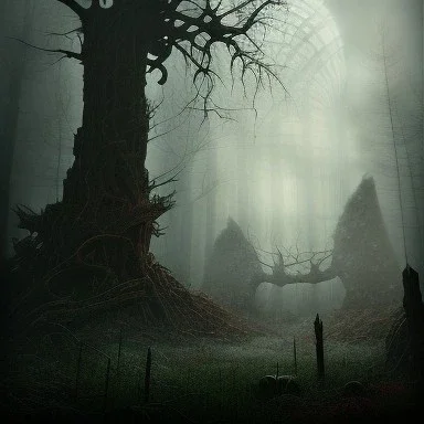 dystopian surrealism, dark horror fantasy, hdr, artstation intricate details, demonic, dark art, dark noir, neoclassical gothic horror, forest, shadows, foggy, silhouette,