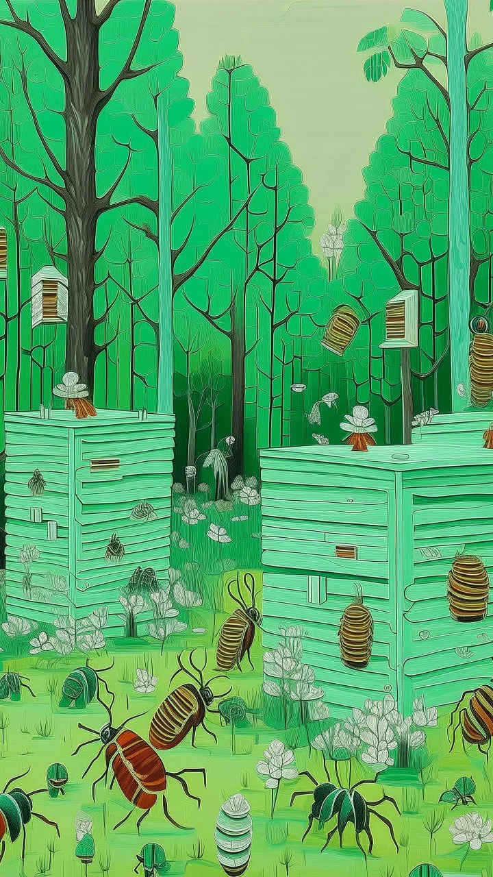 Mint colored woods with insect hives painted by Alan Sorrell