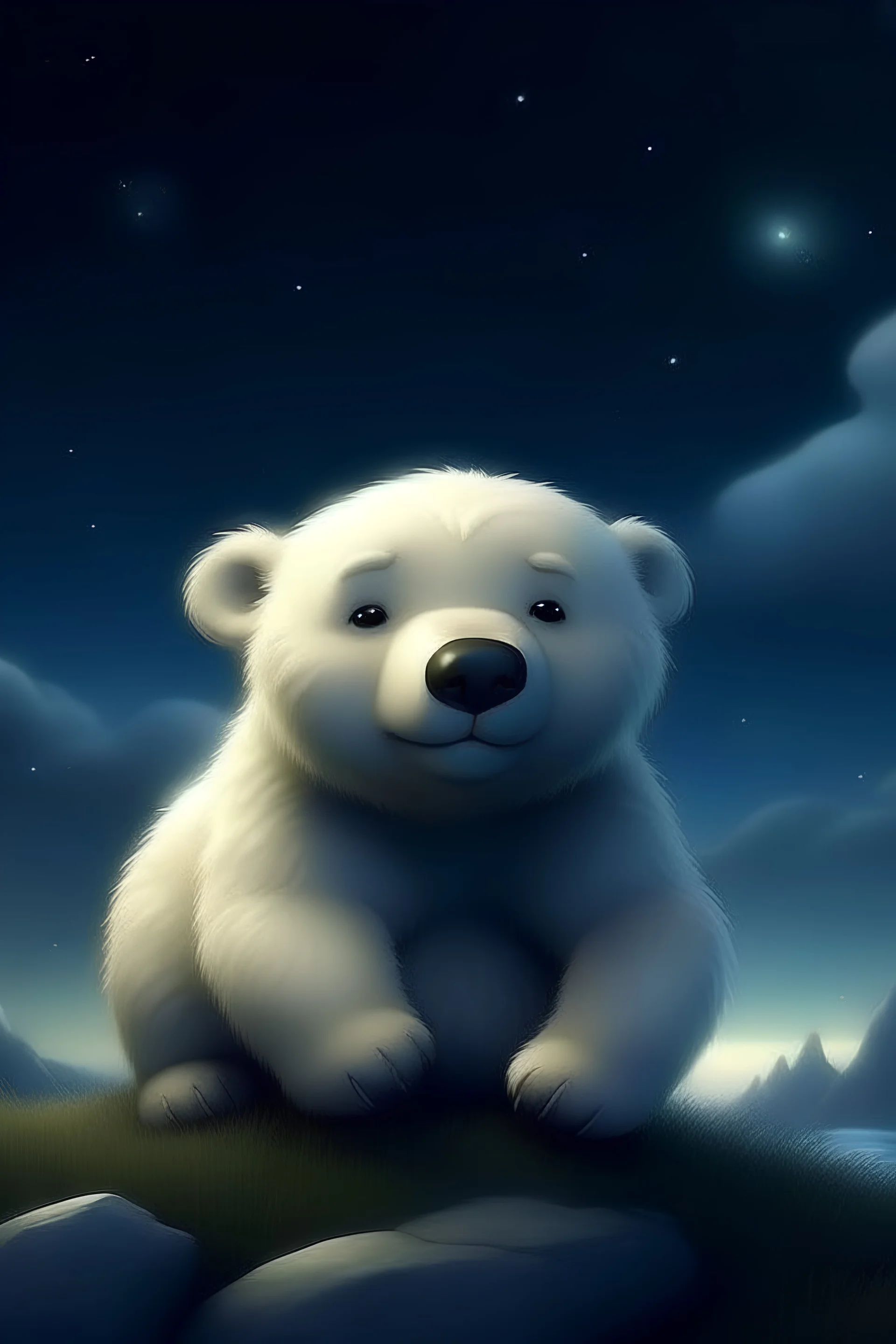 polar bear, baby, furry, chubby, cute, HD, 4K, landscape, night, stars, clouds, disney, realista