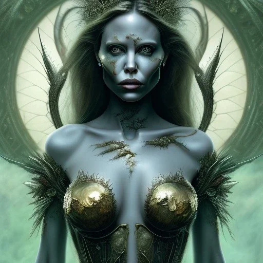 Angelina Jolie, Charlize Theron, woolitize, rusty metal, feathers, Dryad, fae, sidhe, ominous, nature, plants, wildflower, facepaint, dnd character portrait, intricate, oil on canvas, masterpiece, expert, insanely detailed, 4k resolution, retroanime style, cute big circular reflective eyes, cinematic smooth, intricate detail , soft smooth lighting, soft pastel colors, painted Renaissance style