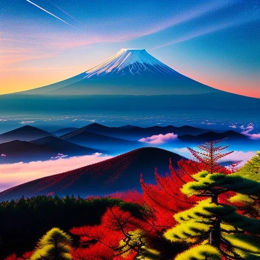 Mount Fuji, Japan,aerial view,extremely detailed digital painting, high resolution,8k, realistic, beautiful, volumetric lighting, mystical colors ,perfectly centered image, perfect composition, rim light, beautiful lighting,masterpiece, stunning scene, raytracing, anatomically correct, in the style Van Gogh and robert e howard and Ken Kelley and Ohrai Noriyoshi and Simon Bisley and tomzj1.