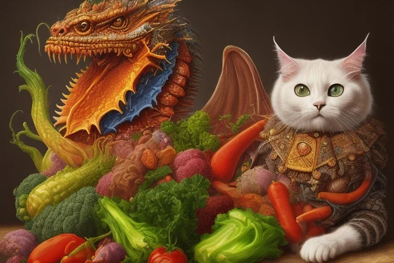 Dragonhead with vegetables and cats like Arcimboldo