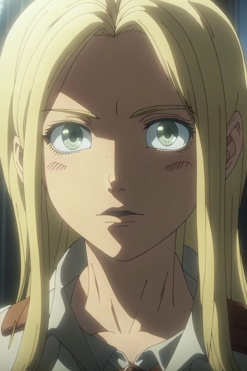 Attack on Titan screencap of a female The main character is a girl with light straight hair and different eyes
