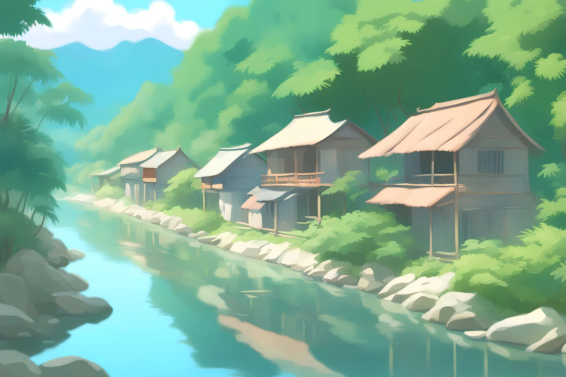 Create a Ghibli-style scene of a quiet riverbank in a rural Filipino town. The river should be calm, with rocks scattered along the bank. Nearby, modern tin-roofed houses are nestled among palm trees and greenery. The setting should feel peaceful, with warm sunlight filtering through the trees, capturing the serene beauty of a Philippine village by the water