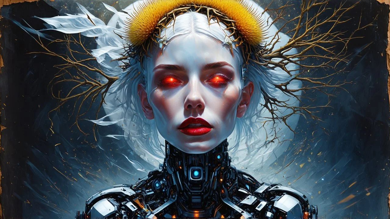 old worn paper, Ethereal bald white woman with thorns, thistles and plant roots on her head, human brains biomechanics cyberpunk style digital painting depicting a glowing woman with robotic features, combining human and artificial elements in a gripping sci-fi scene with intricate details and a cinematic atmosphere. Red lips, gold fragments, silver particles, wind, swirls, glare, glow from within, 8K, fine rendering, high detail, hyperrealism, high resolution, multi-layered, hyperdetail, hyperf