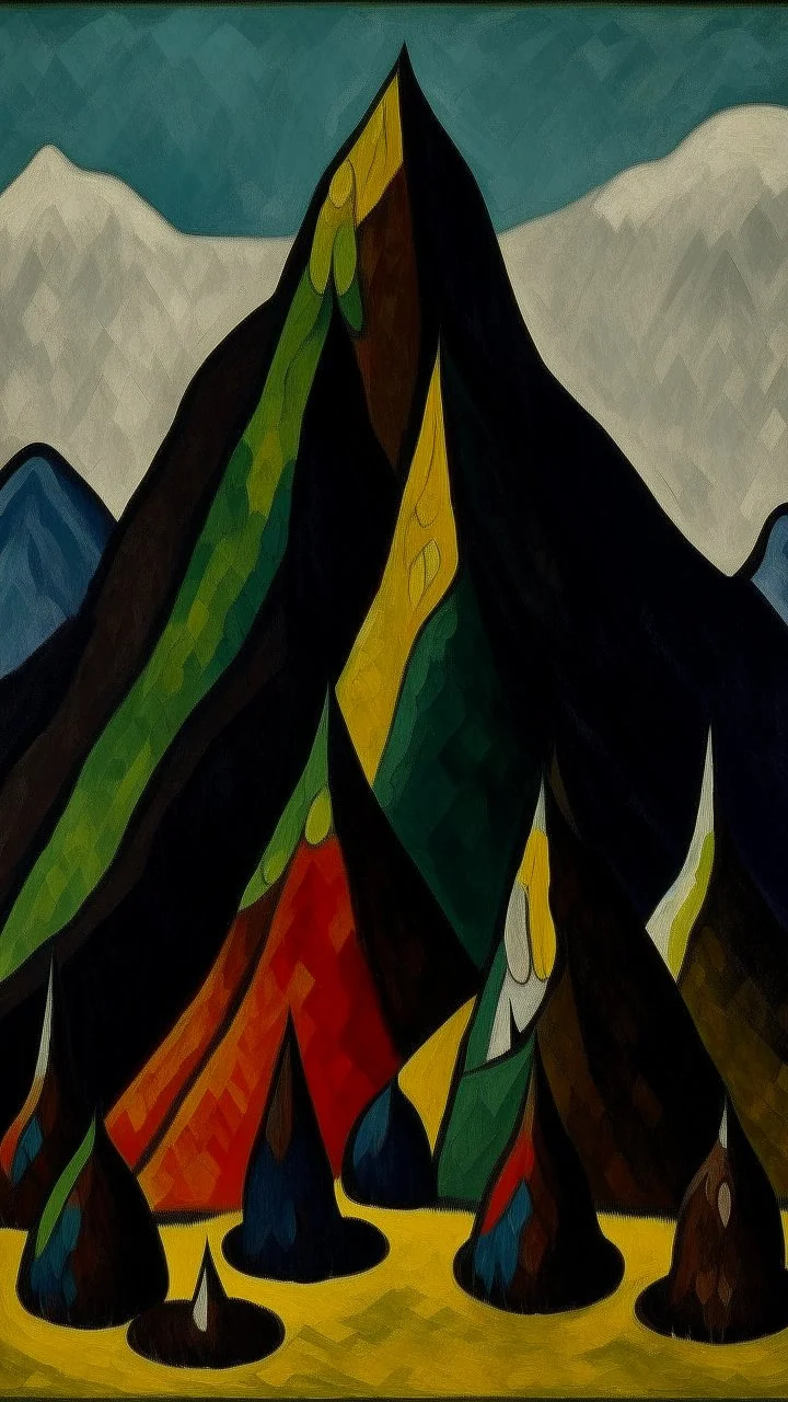 A dark brown mountain with golems designed in medieval tapestry painted by Alexej von Jawlensky