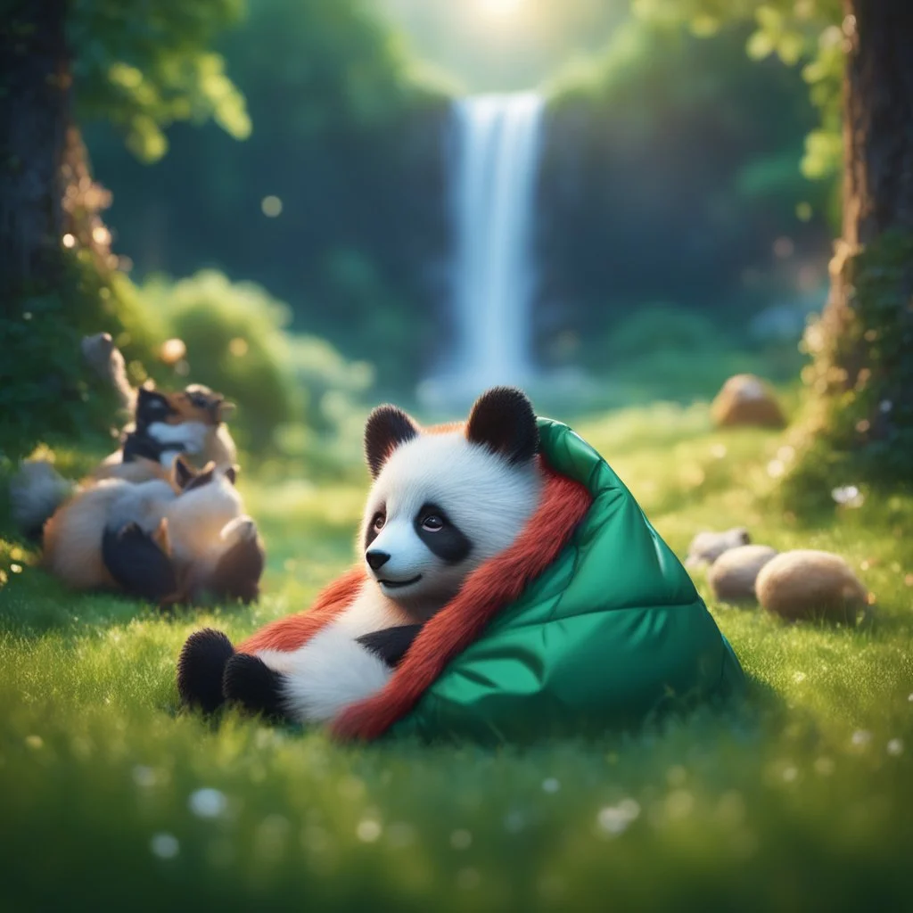 pen outline, waterfall, panda fox in luxury sleeping bag on green lawn in magical forest ,bokeh like f/0.8, tilt-shift lens 8k, high detail, smooth render, down-light, unreal engine