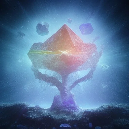 hedjuk,Tree of Life, crystal city crystalline in the sky, renderin, room, cosmic, opalescent, 100mm, opalescent, gemstones, crystals, object, other worldly,water, cristal rock ,bright, ice backg