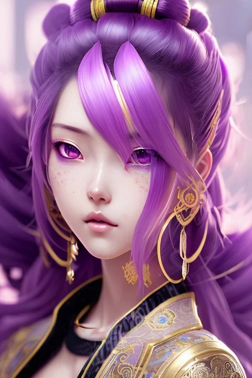 Detailed cute anime Kunoichi girl, purple hair buns, purple bangs, latex bodysuit, intricate details, full body portrait, keep head in frame, slight smile, black Japanese motif, concept art, highly detailed, digital painting, concept art, sharp focus, illustration, art by Yoji Shinkawa, WLOP and greg rutkowski and alphonse mucha and artgerm and yanjun Chen and Junji ito and Makoto Shinkai, HDR, octane render