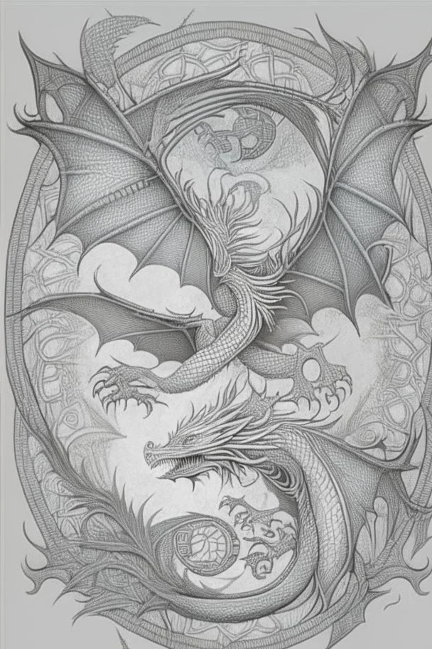 line art of a flying dragon, mandalas