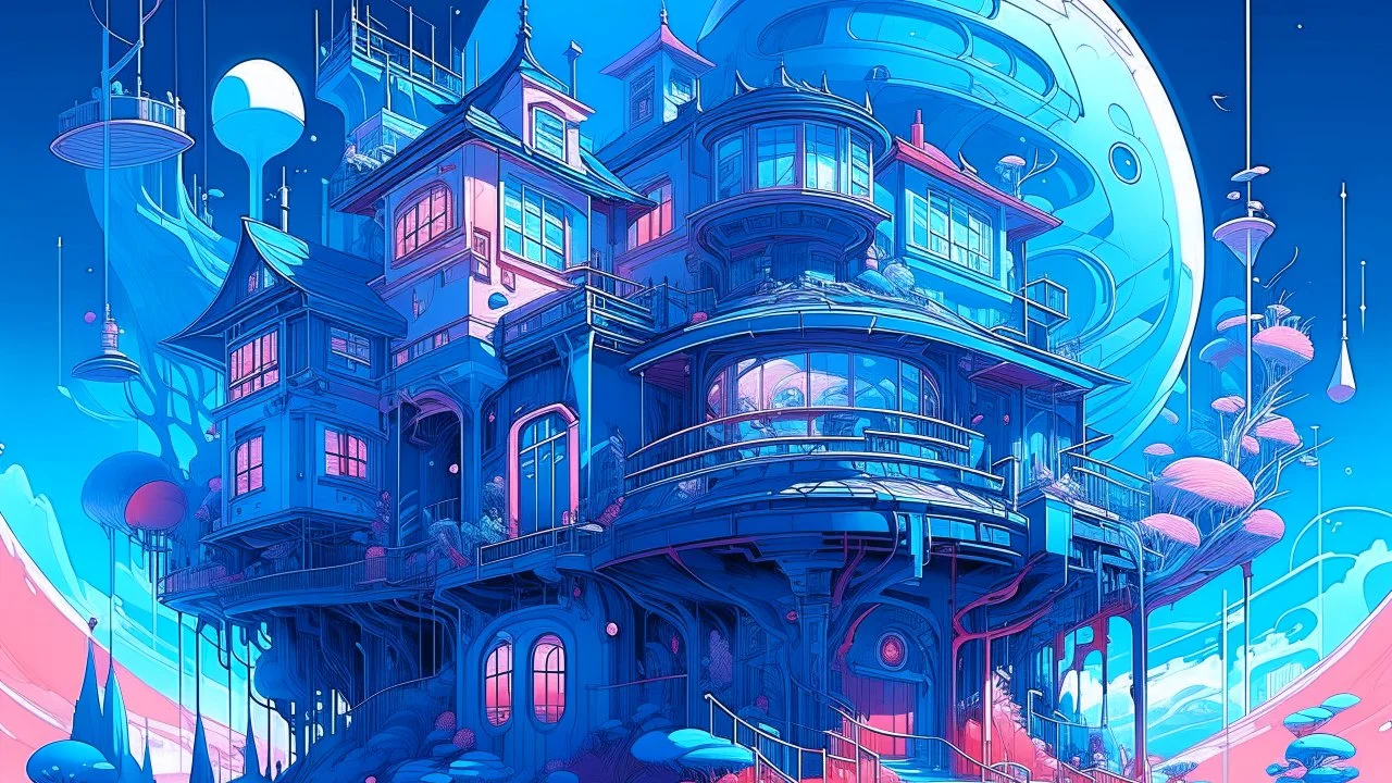 mysterious retrofuturistic house, extremely detailed, sharp focus, wide view, full body shot, smooth, digital illustration, by james jean, by rossdraws, frank franzzeta, mcbess, sakimichan, brosmin, danton fadeev, steve simpson and lisa frank and matthew