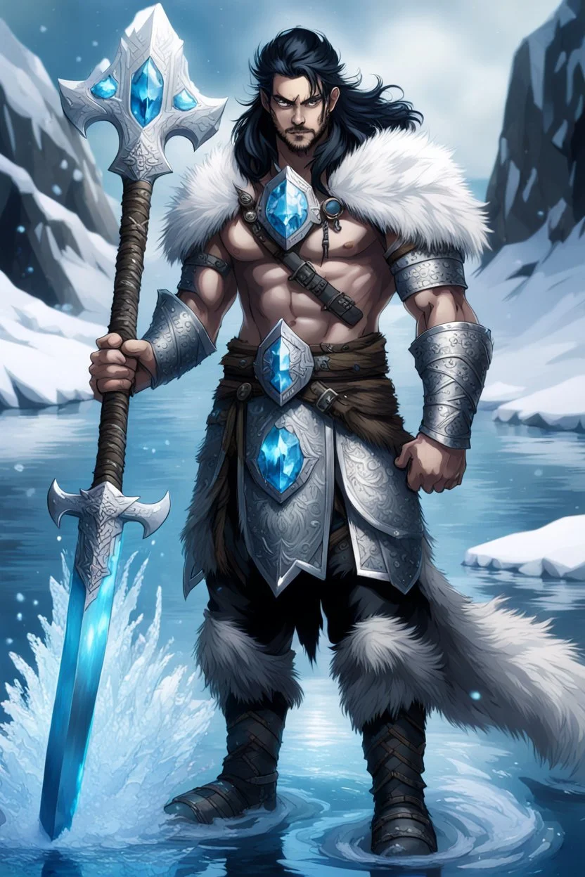 1 mana warrior, with blue eyes and black hair man in silver Viking armor with fur around the neck with blue crystal on his chest , standing in water in the artic, holding a ice axe, warrior in anime style,