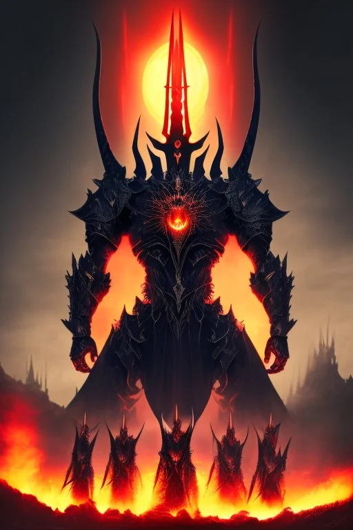 A super advanced three-barrel tank Sauron, the lord of darkness, with the devil and his army, in the land of destruction