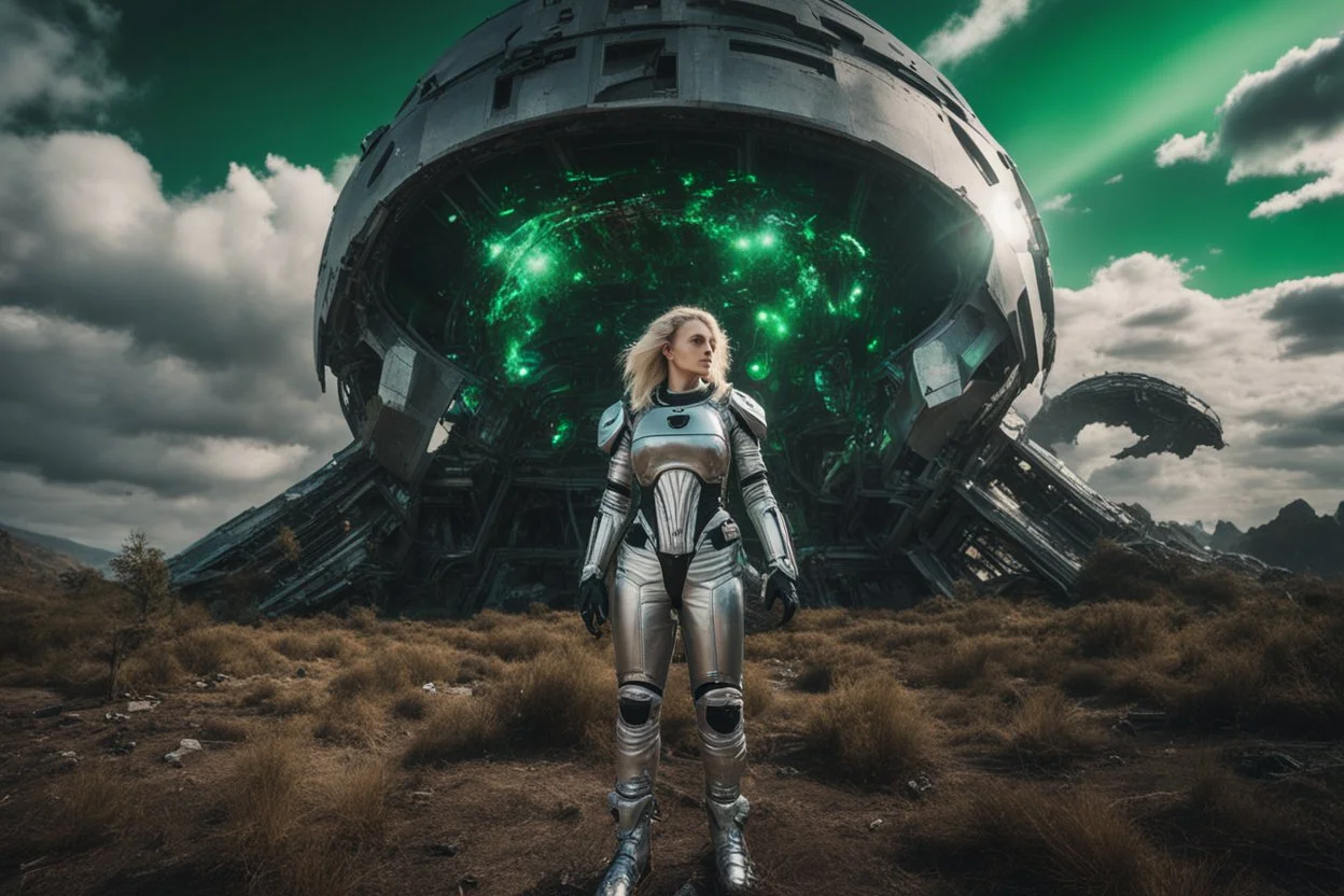 Wide angle photo of a sci-fi woman with blond hair, silver and black futuristic spacesuit looking android-like, standing on a derelict alien jungle planet with cloud trees in multiple green hues