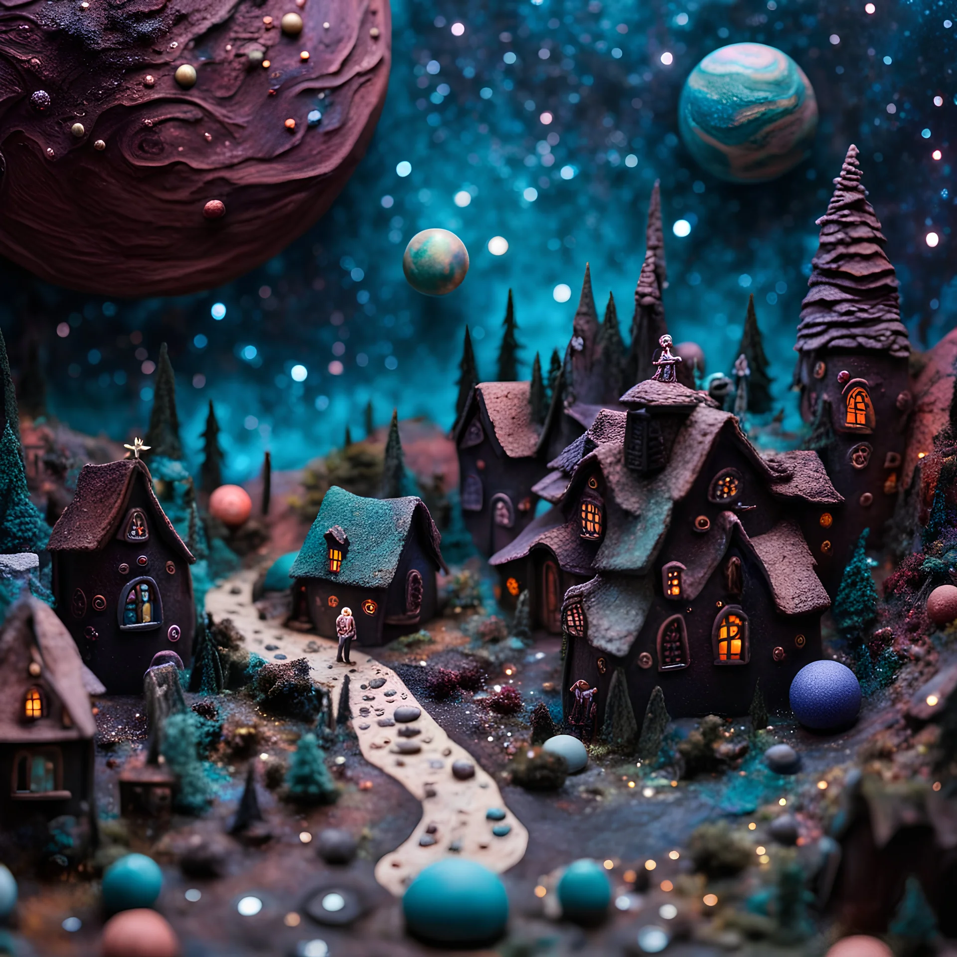 Detailed creepy landscape made of modeling clay, people, village, stars and planets, naïve, Tim Burton, strong texture, extreme detail, Max Ernst, decal, rich moody colors, sparkles, bokeh