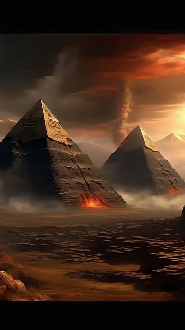 A several volcanos exploding over a the Permit of Egypt in high definition cinematic theme with stormy fiery sky. 3 UFO triangle shapes hovering over