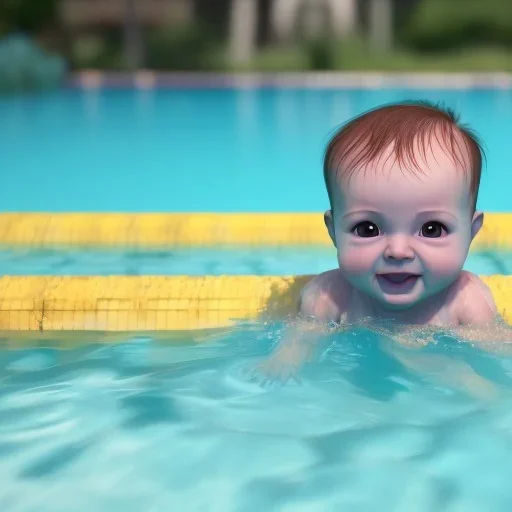 Cute Baby swimming in pool, full body detail, unreal 5, octane render,cinema4d, dynamic lighting, 8k, redshift render, highly, hyperrealism ultra detailed, hyper realistic.