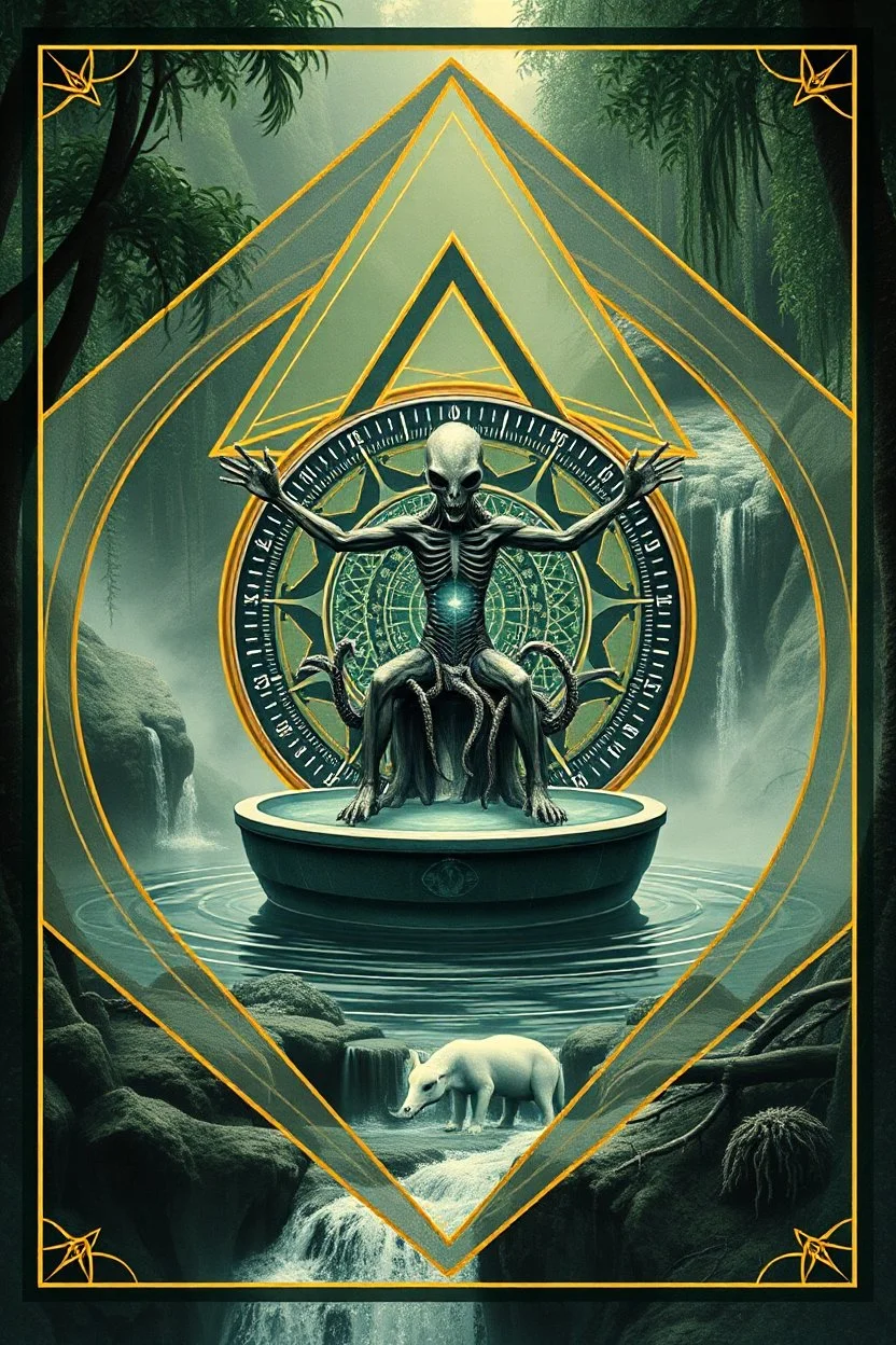 sacred geometry framed action figure card of a crucified alien necrophyte electric eel necromancer on round swamp transparent glass obcidian boat beholder eye wheel throne in a charged foggy jungle waterfall, with withered filmgrain in the style of Escher