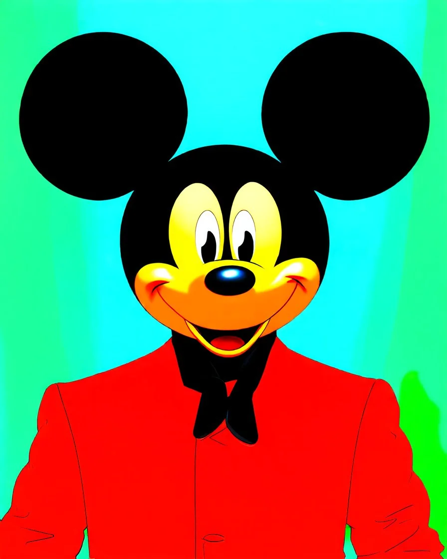 digital artwork featuring an anthropomorphic character resembling Mickey centered in the frame and facing forward. The character has a classic Mickey Mouse head with large, round black ears, a smooth black face with a vibrant orange-yellow cheek, large shiny white eyes with black pupils, and a prominent black nose. The character's expression is a friendly smile, but the overall mood is dark and intense. It wears a sleek, glossy crimson red suit jacket with two visible buttons, a well-fitted brea