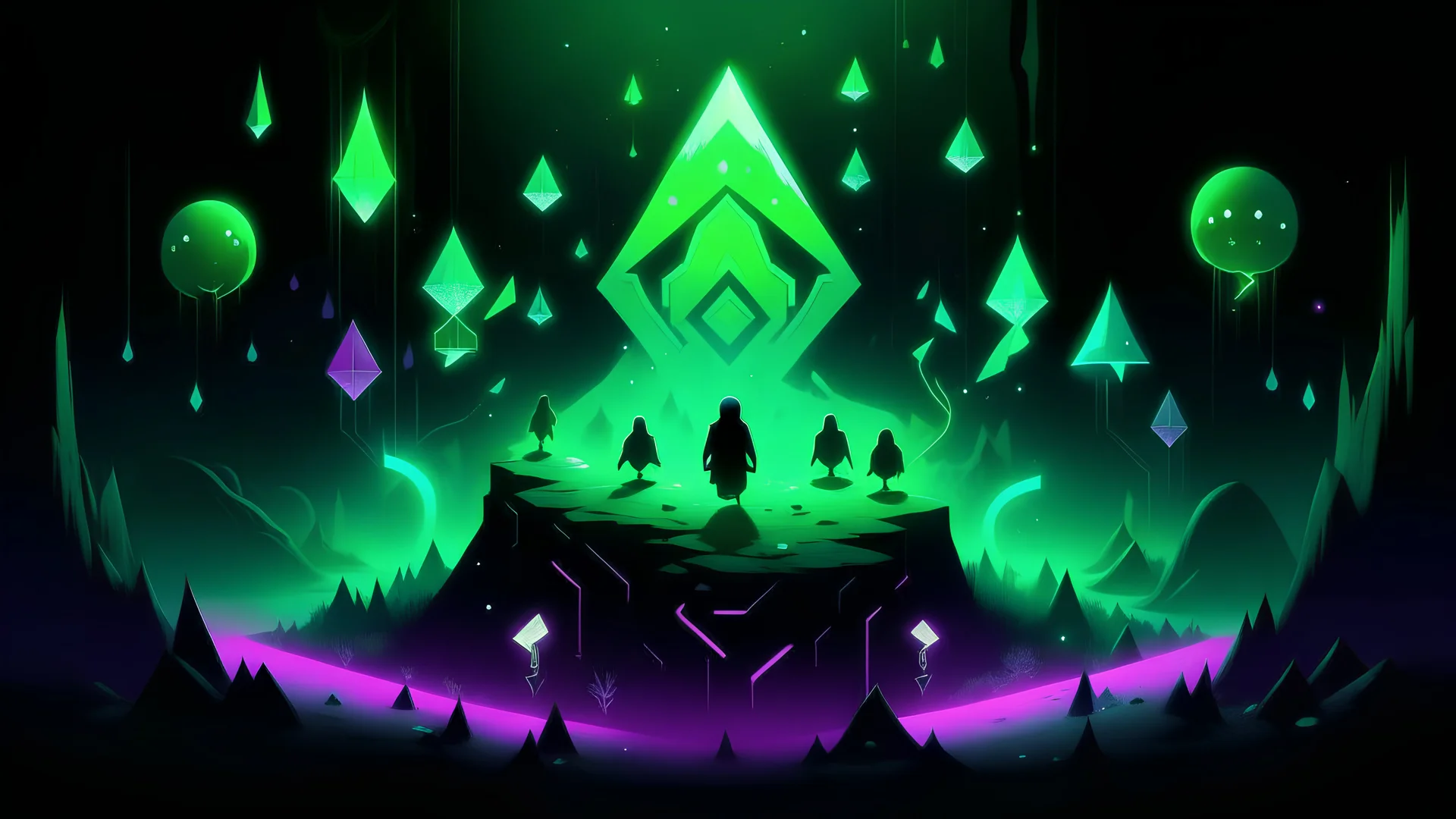 green triangle far away in center emitting purple dim light, pitch black background, withe little demons and ghosts in background