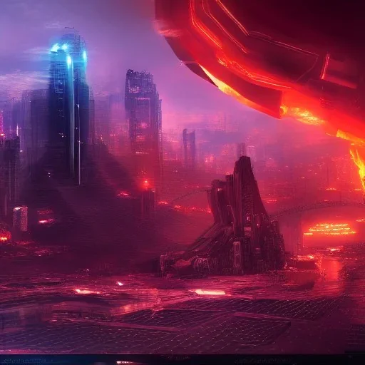 cyberpunk, landscape, GUITARS, cinematic, highly detailed, close up, 4k, deep colors, gold, fire, red, purple, dark, ethereal, utopia, apocalypse, from outer space