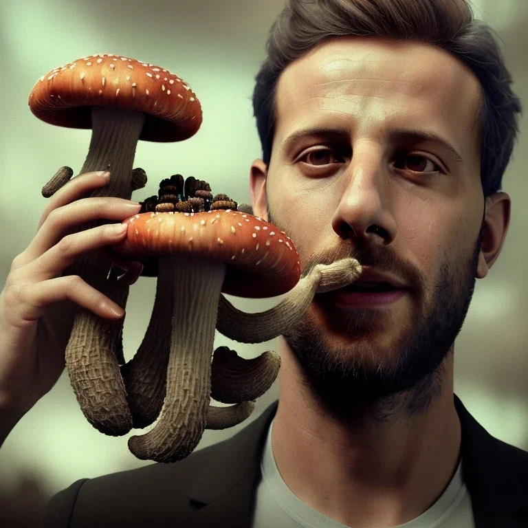 Portrait of Alessandro Borghi eating magic mushrooms, 8k, HD, cinematography, photorealistic, Cinematic, Color Grading, Ultra-Wide Angle, Depth of Field, hyper-detailed, beautifully color-coded, insane details, intricate details, beautifully color graded, Cinematic, Color Grading, Editorial Photography, Depth of Field, DOF, Tilt Blur, White Balance, 32k, Super-Resolution, Megapixel, ProPhoto RGB, VR, Halfrear Lighting, Backlight, Na