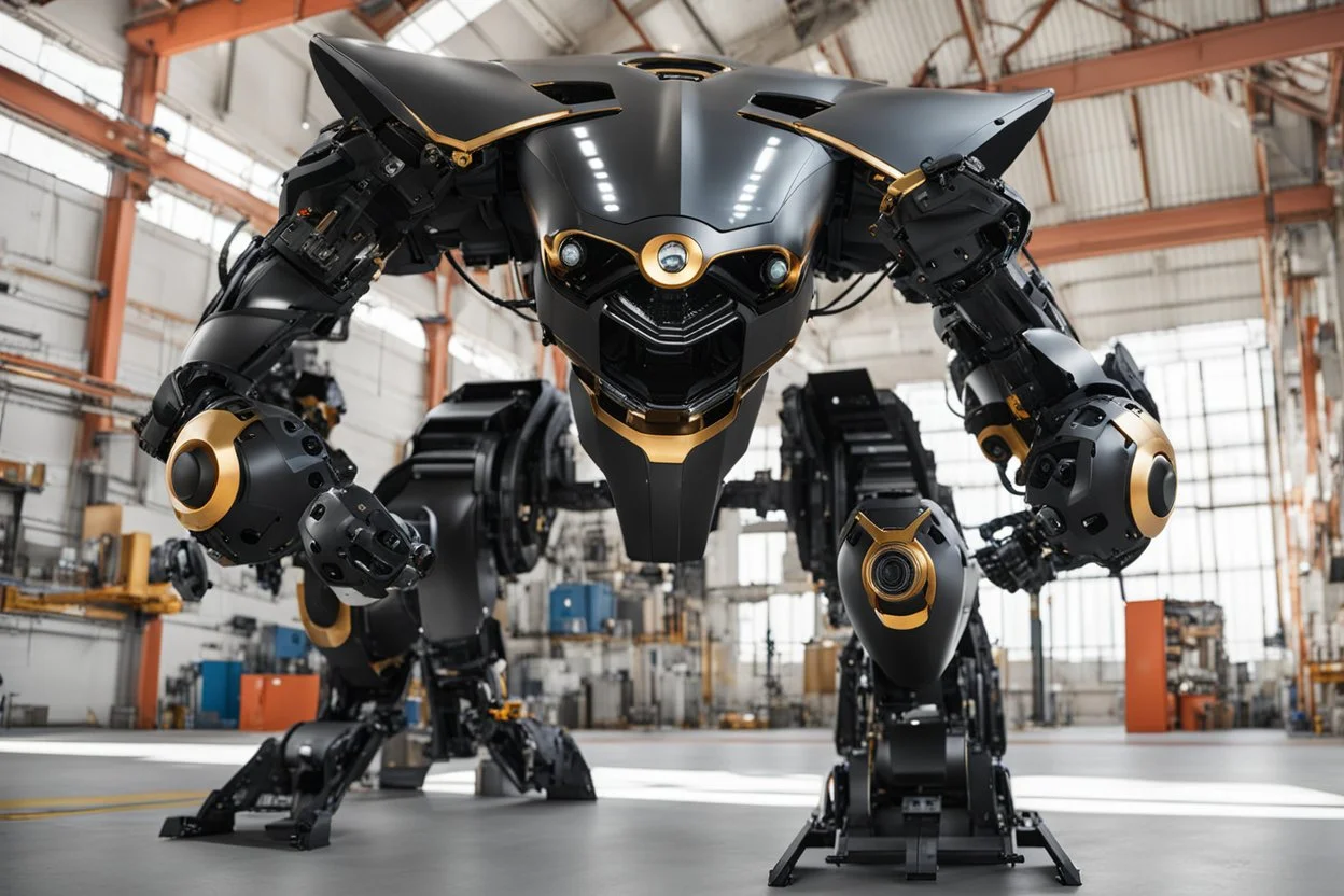 Wide angle magitek robotic Black Jaguar, biomechanical, creature, space, zoom out, whole frame,workshop background