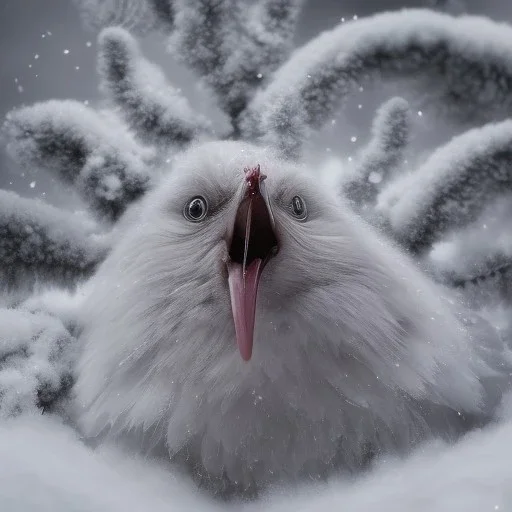 smooth hyper realistic, beautiful Japanese snow bird in crown, pale colors, dark cosmos background, cat еye, extremely sharp detail, finely tuned detail, ultra high definition, 8 k, unreal engine 5, ultra sharp focus, accurate sword wings, positive smile, lot of details, fit within portrait, Ambiance winter, perfect composition, perfect hair, perfect hands, finger up gestures