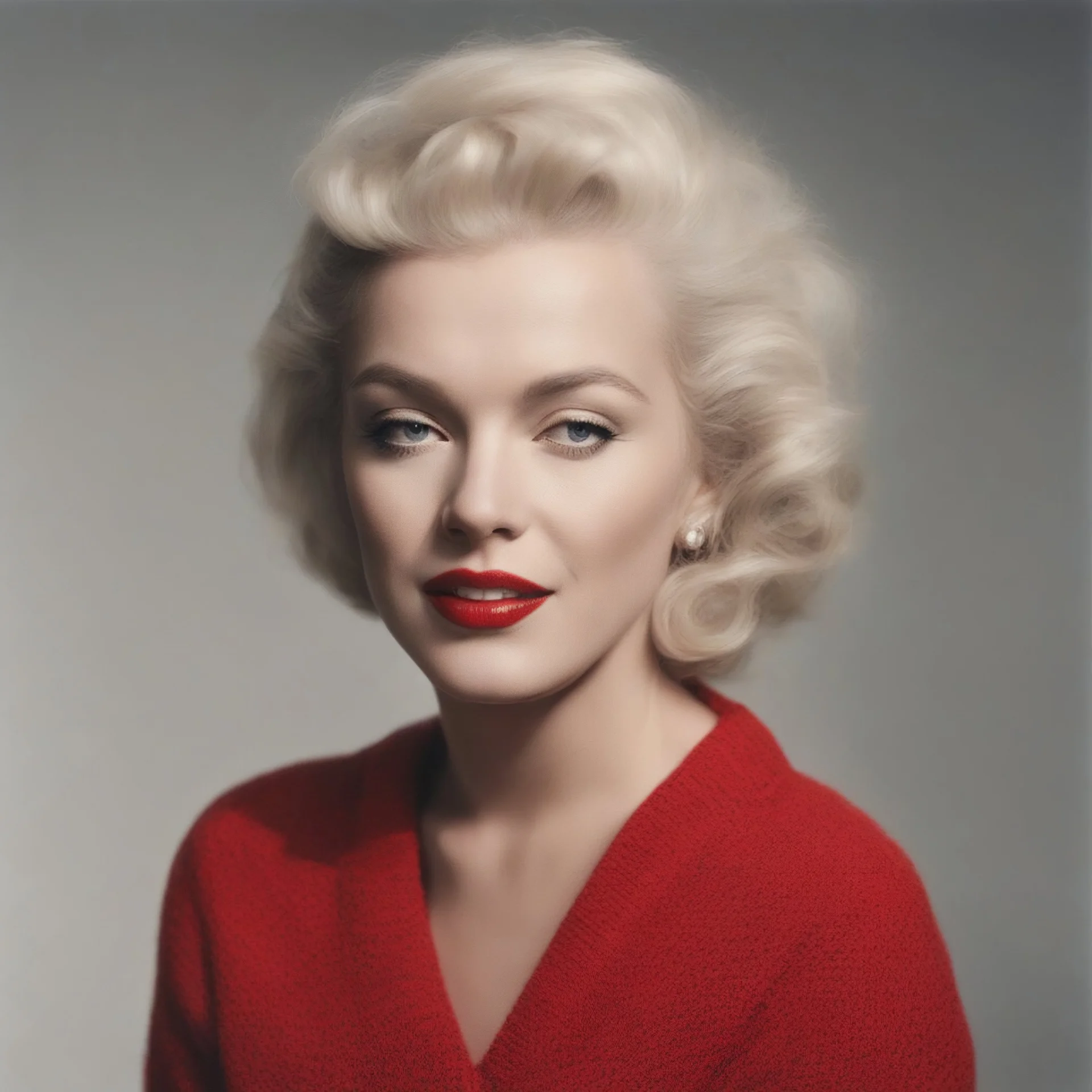 Marilyn monroe, she has a hair bun,,, in a large red woollen sweater, v collar, white bacground in the sun